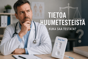 Tietoa huumetesteistä – lääkäri, huumepikatesti ja juridisiin kysymyksiin viittaava kuvitus