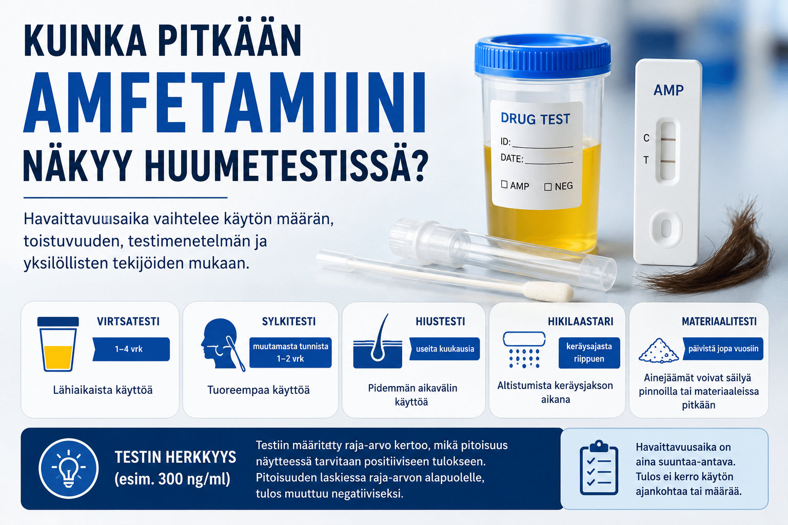 Kuinka pitkään amfetamiini näkyy huumetestissä – virtsa-, sylki-, hius-, hiki- ja materiaalitestien havaittavuusajat.