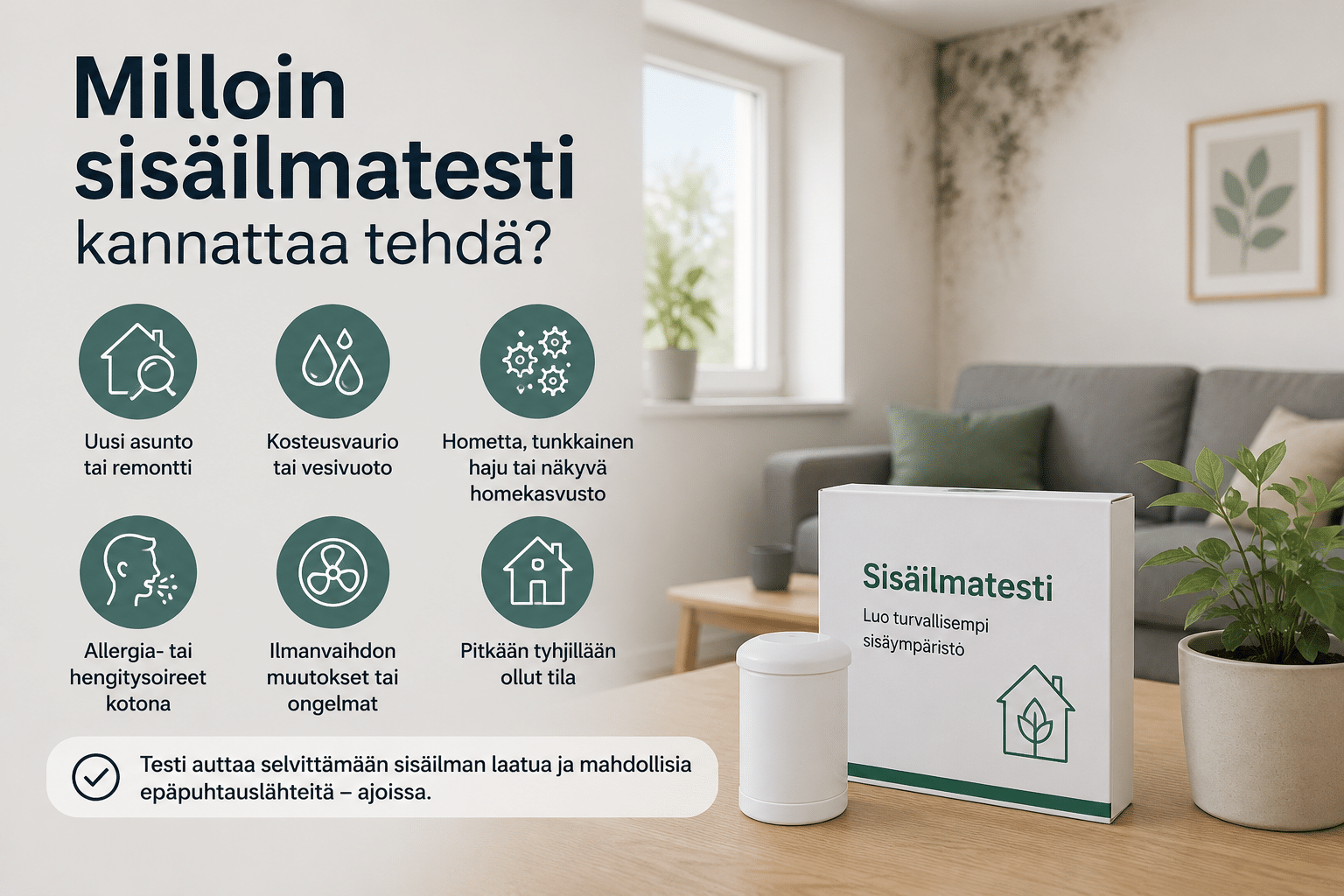 Milloin sisäilmatesti kannattaa tehdä? Kuvituskuva sisäilmatestistä kodissa, jossa näkyy mahdollinen kosteus- tai homevaurio.