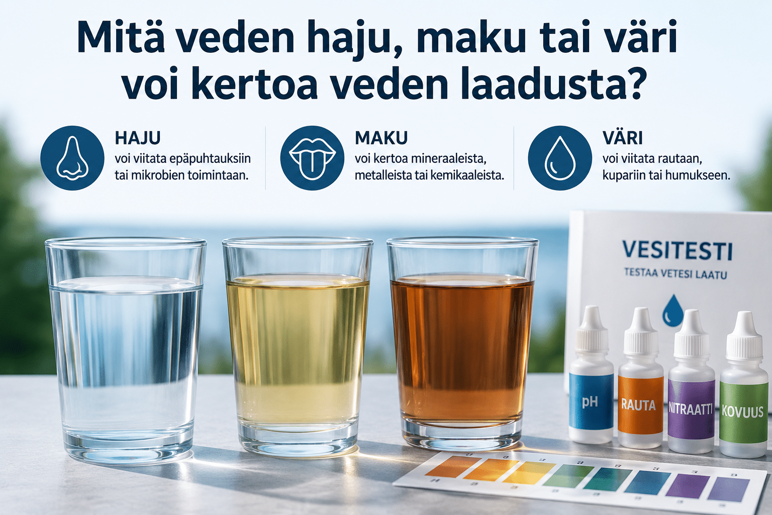 Vesilasit, joissa on kirkasta, kellertävää ja ruskeaa vettä havainnollistamassa, mitä veden haju, maku ja väri voivat kertoa veden laadusta.