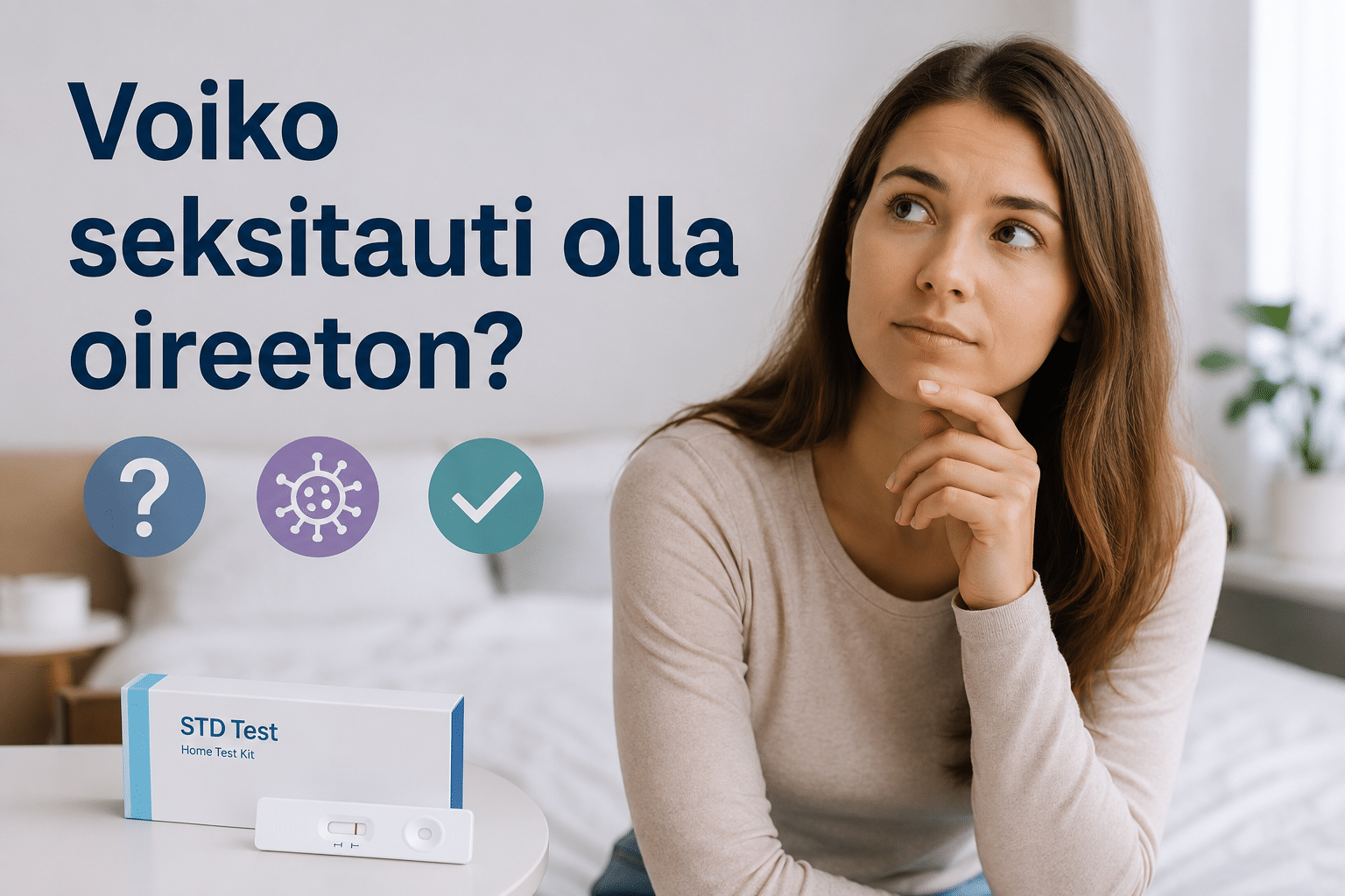 Voiko seksitauti olla oireeton? Nainen pohtii sukupuolitautien oireettomuutta ja testaamista.